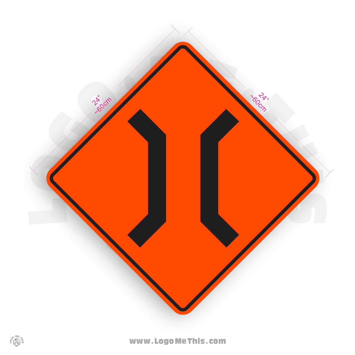 Lane Reduction, Road Narrows, 24x24" Reflective Construction Orange Aluminum Sign