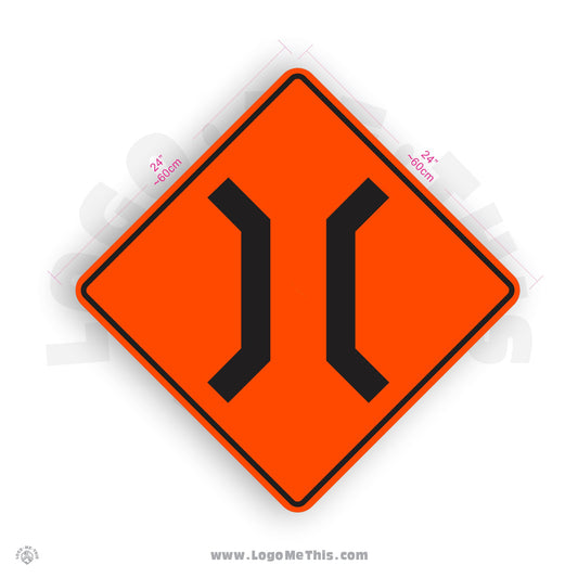 Lane Reduction, Road Narrows, 24x24" Reflective Construction Orange Aluminum Sign