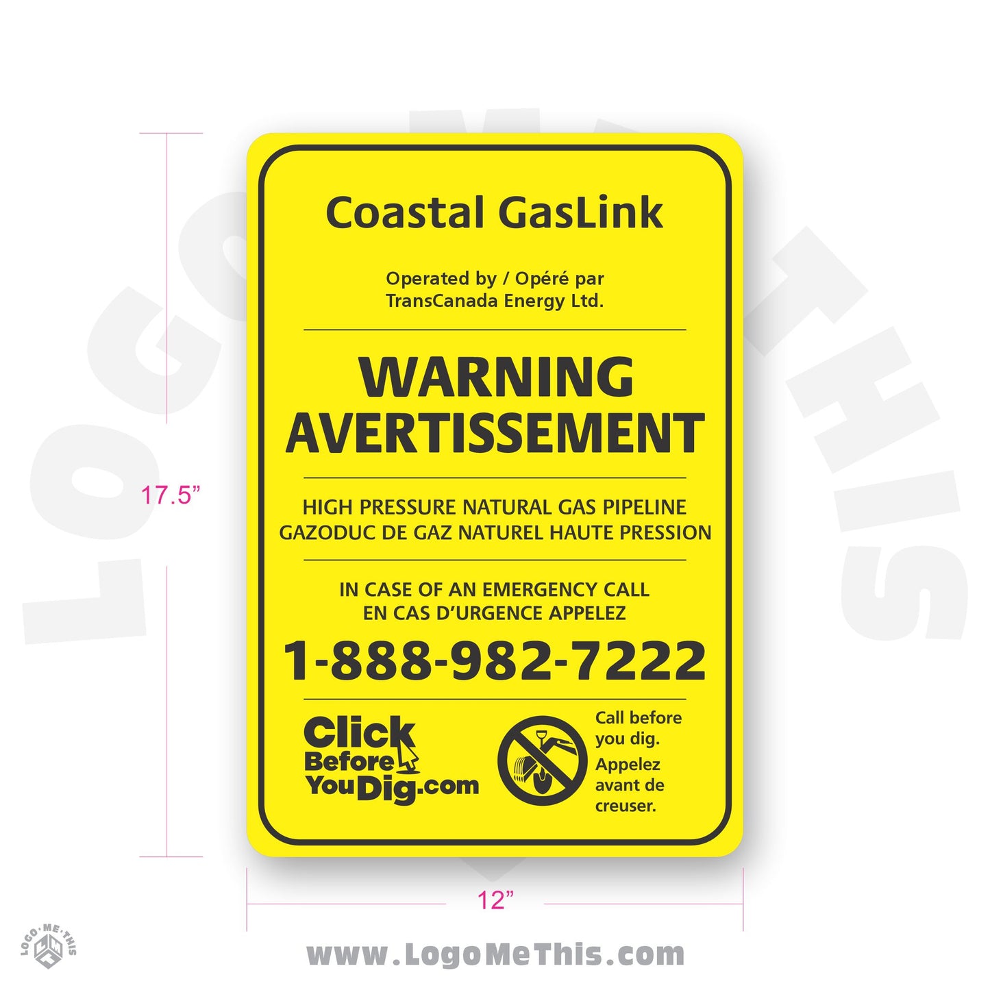 High Pressure Natural Gas Pipeline, 12x17.5" Sign 07-02-01-1-EF