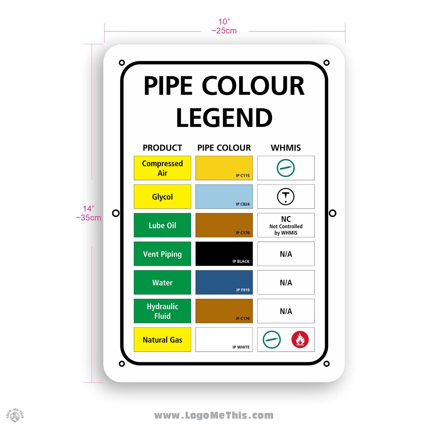 Pipe Colour Legend, 10x14" Sign 05-04-18-2-E